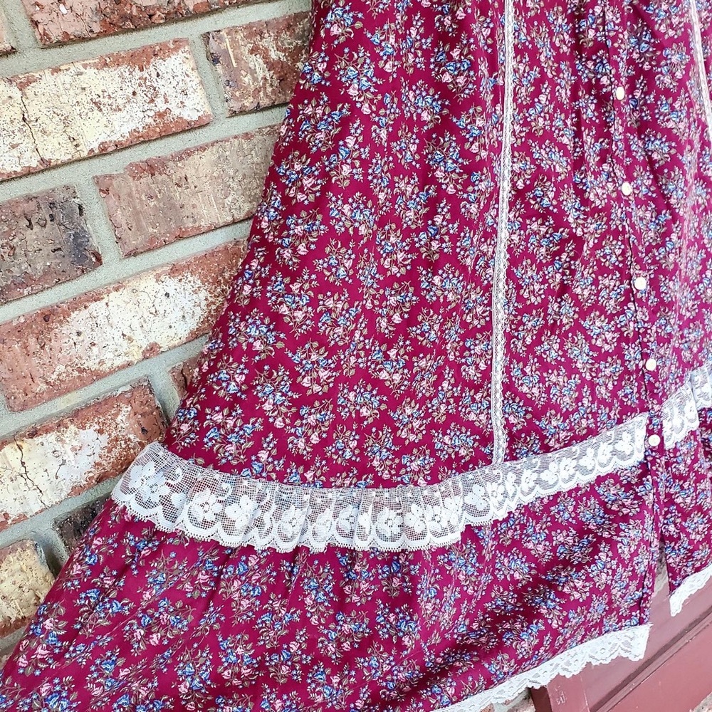 💖Beautiful💖Jessica's Gunnies Gunne Sax Burgundy Calico Lace Prairie Skirt🌟 - Picture 11 of 15